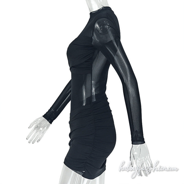 Long sleeve crewneck ruched mesh solid mini dress - Halibuy - 4