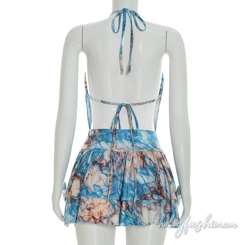 Halter self tie ruched print backless mini skirt set