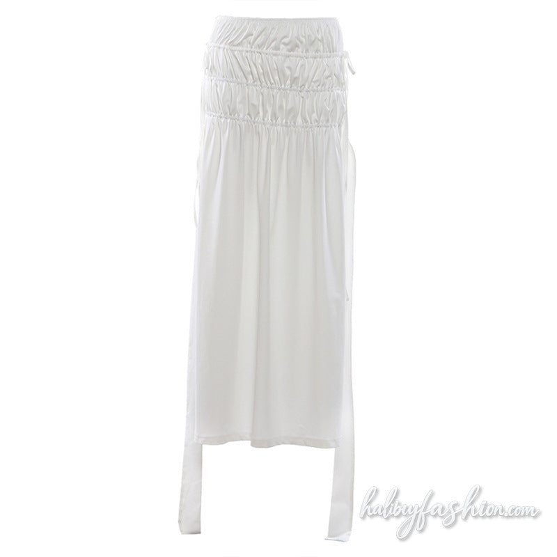Ruched drawstring solid maxi skirt
