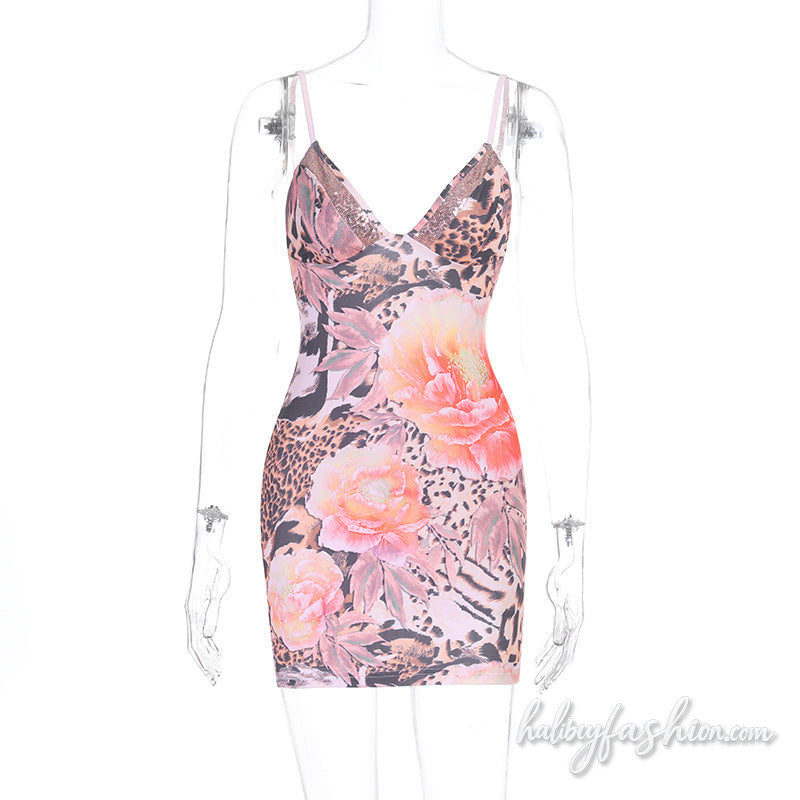 V neck flower print backless cami mini dress