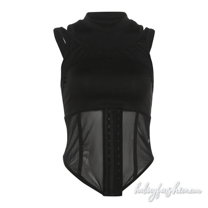 Crewneck hollow out mesh patchwork solid top