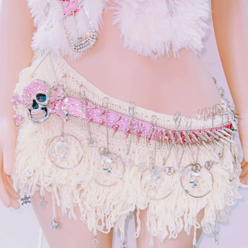 Fluffy rivet halter skull applique self tie mini skirt set  | Festival Outfits Women