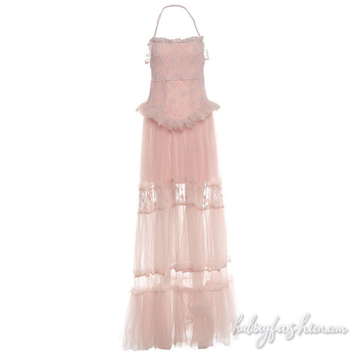 Mesh ruffle halter ruched backless maxi dress