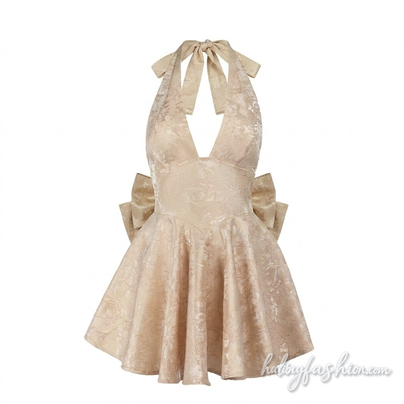 Halter self tie bowknot v neck print mini dress