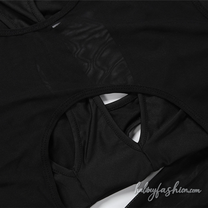 Long sleeve gloves hollow out mesh crewneck bodysuit