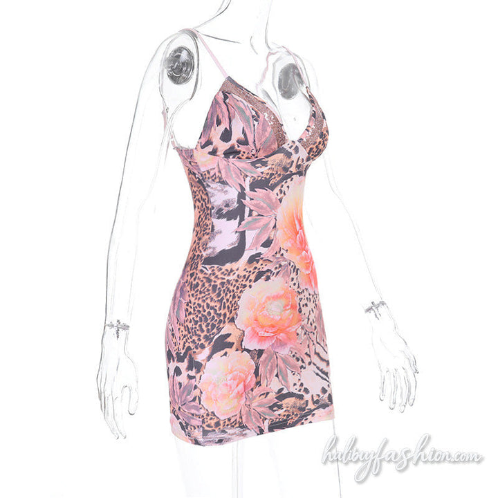 V neck flower print backless cami mini dress