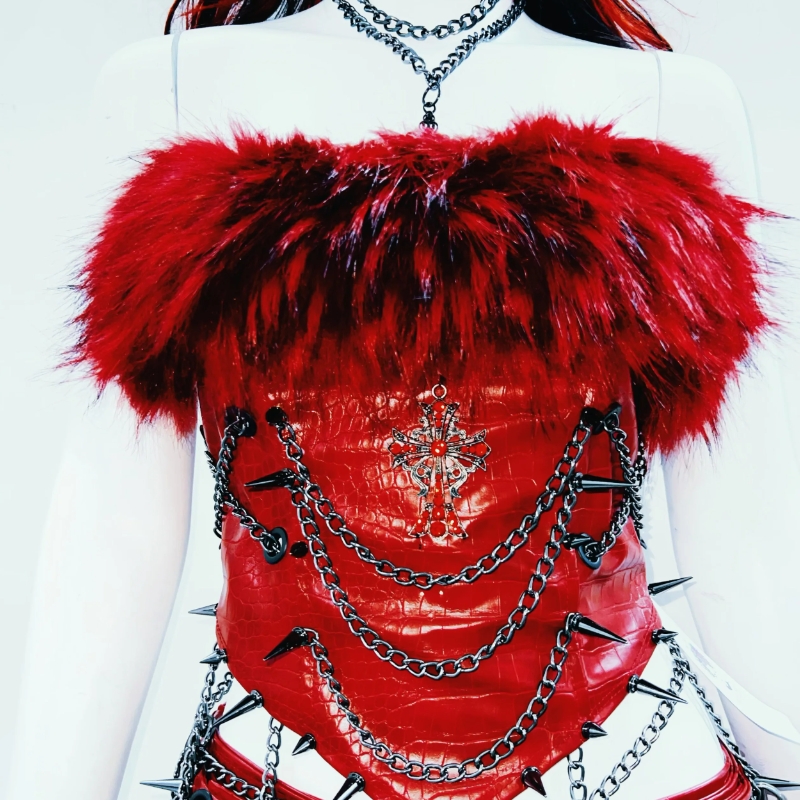 Fluffy metal chain rivet PU leather top  | Festival Outfits Women