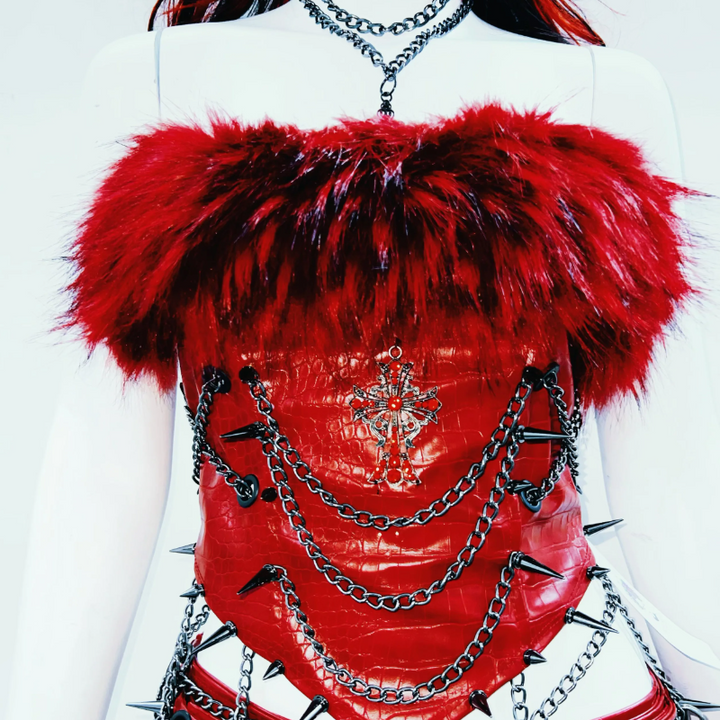 Fluffy metal chain rivet PU leather top  | Festival Outfits Women