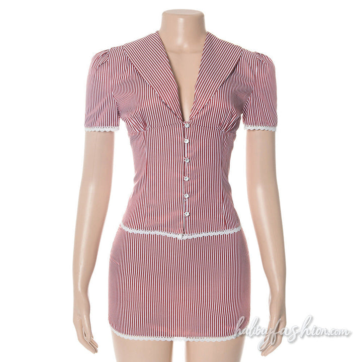 Striped short sleeve lace hem v neck button mini skirt set - Halibuy - 4