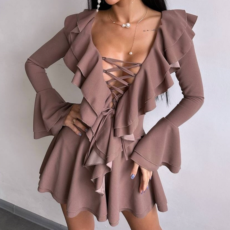 Long flared sleeve ruffle lace up solid mini dress