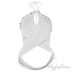 Hollow out halter self tie shell applique top