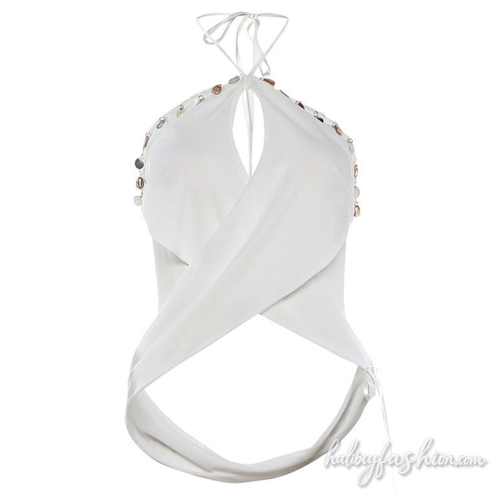 Hollow out halter self tie shell applique top