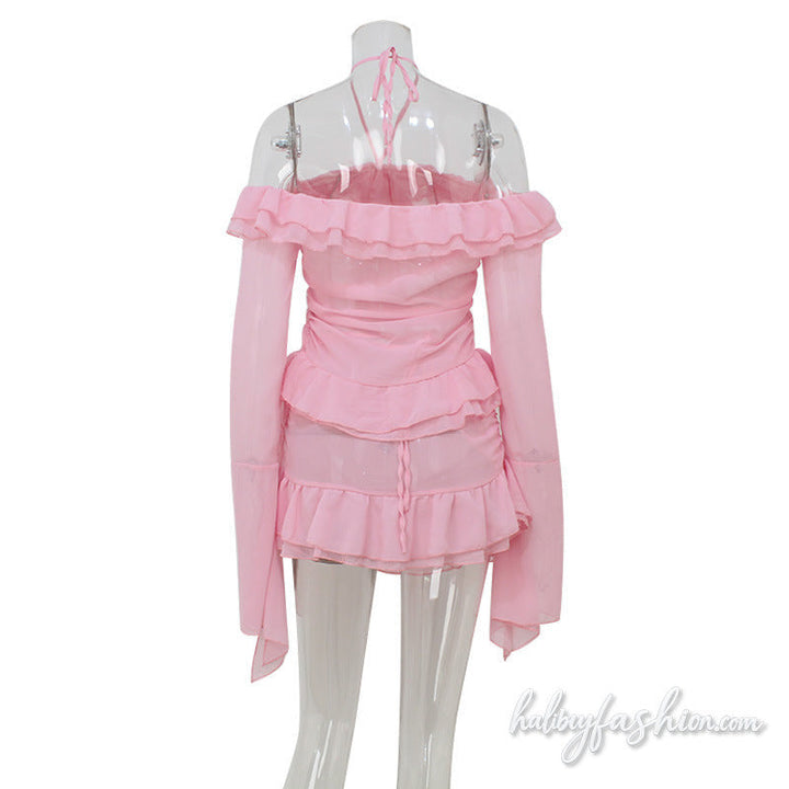 Long flared sleeve ruffle halter off shoulder mini skirt set