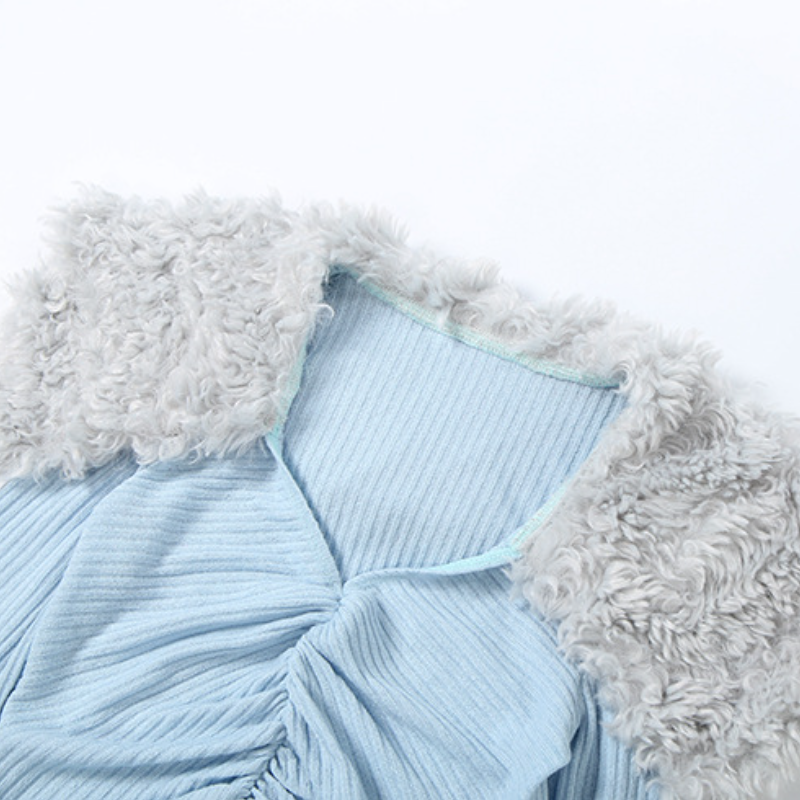 Ruched long sleeve fluffy v neck top  | Festival Outfits Women