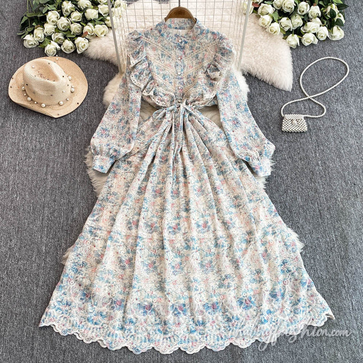 Long sleeve embroidery lace hem ruffle maxi dress