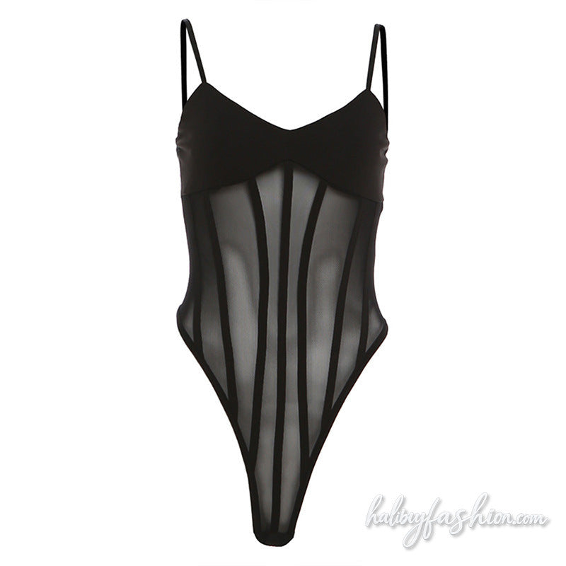 V neck mesh button backless cami bodysuit