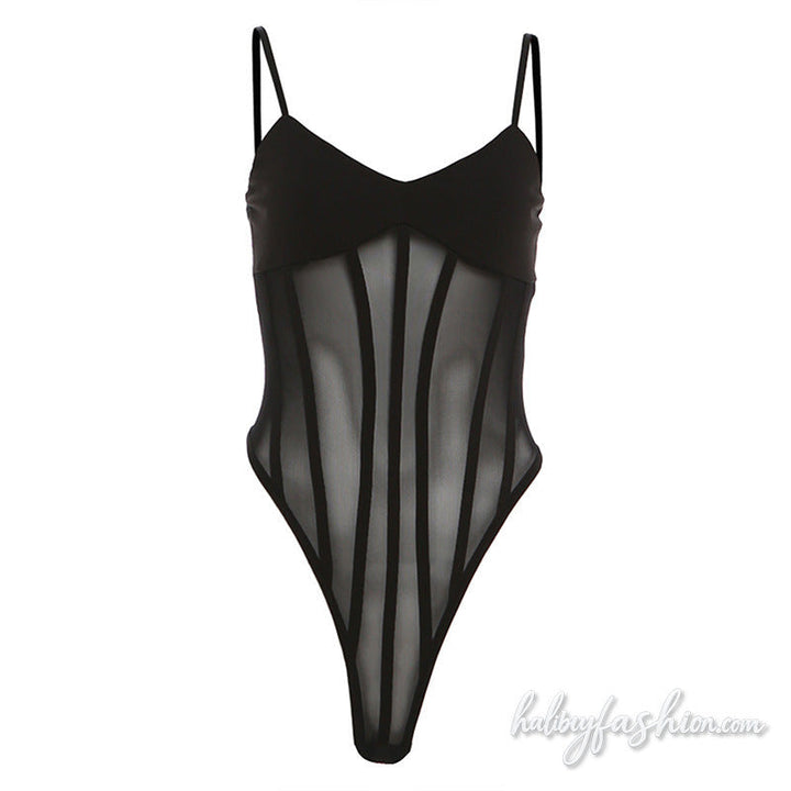 V neck mesh button backless cami bodysuit