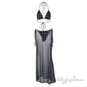 Polka dot halter self tie mesh maxi skirt set