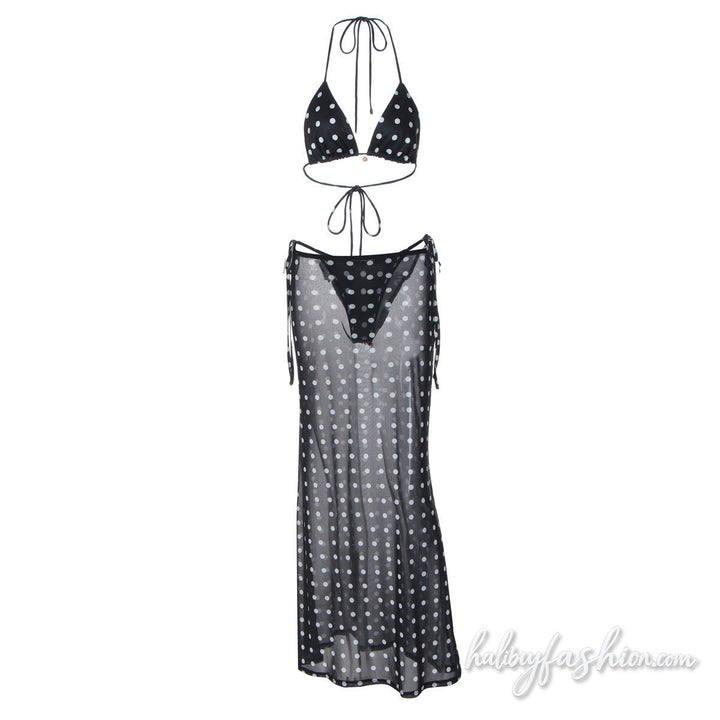 Polka dot halter self tie mesh maxi skirt set