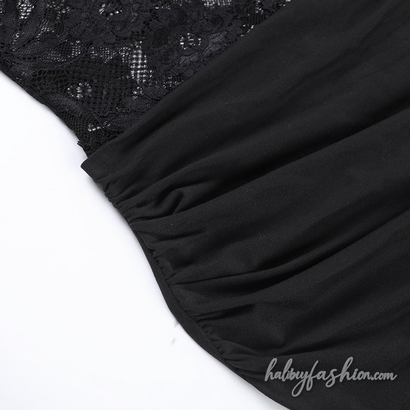 Ruched long sleeve lace hollow out solid mini dress - Halibuy - 5