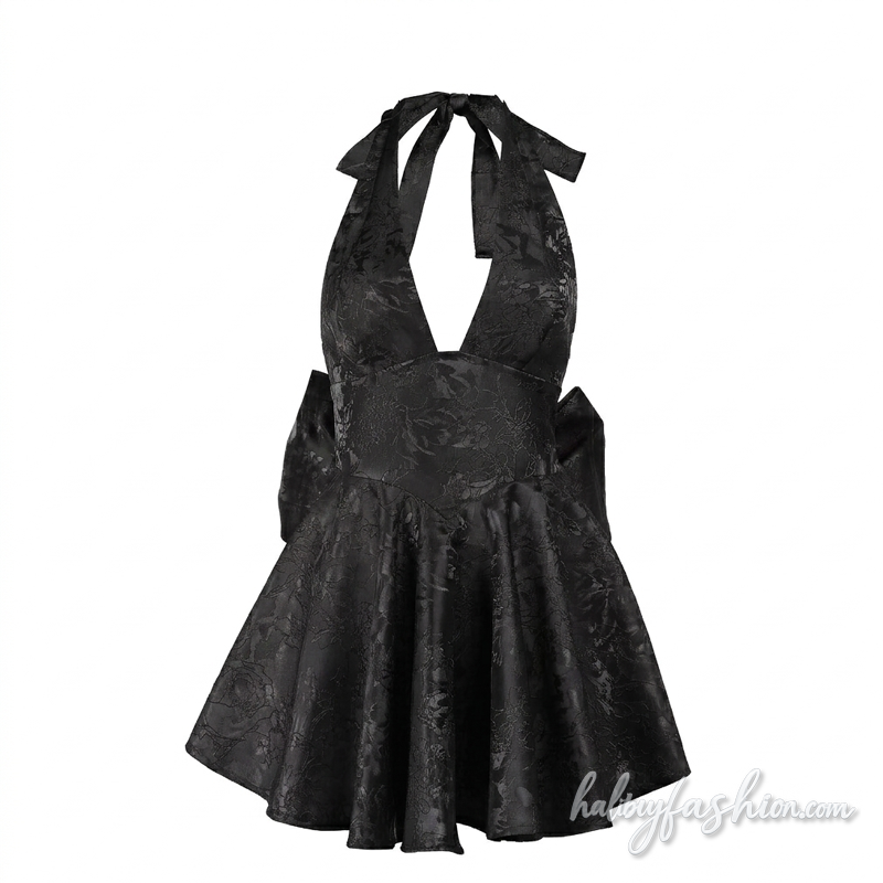 Halter self tie bowknot v neck print mini dress