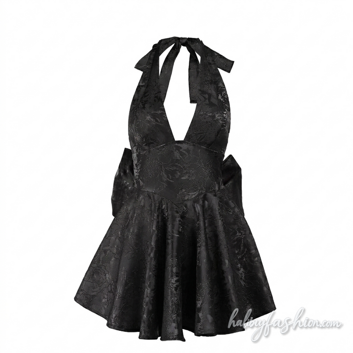 Halter self tie bowknot v neck print mini dress