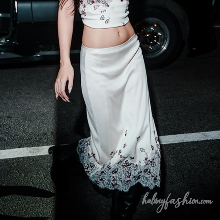 Lace hem flower print contrast midi skirt
