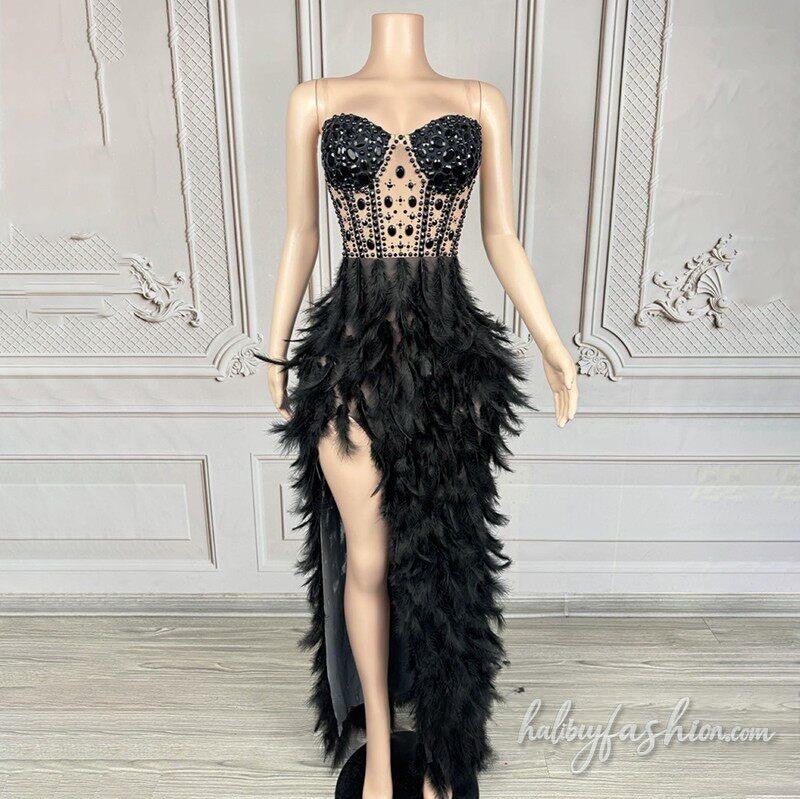 Feather slit beaded irregular backless maxi dress