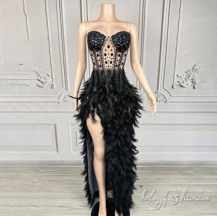 Feather slit beaded irregular backless maxi dress