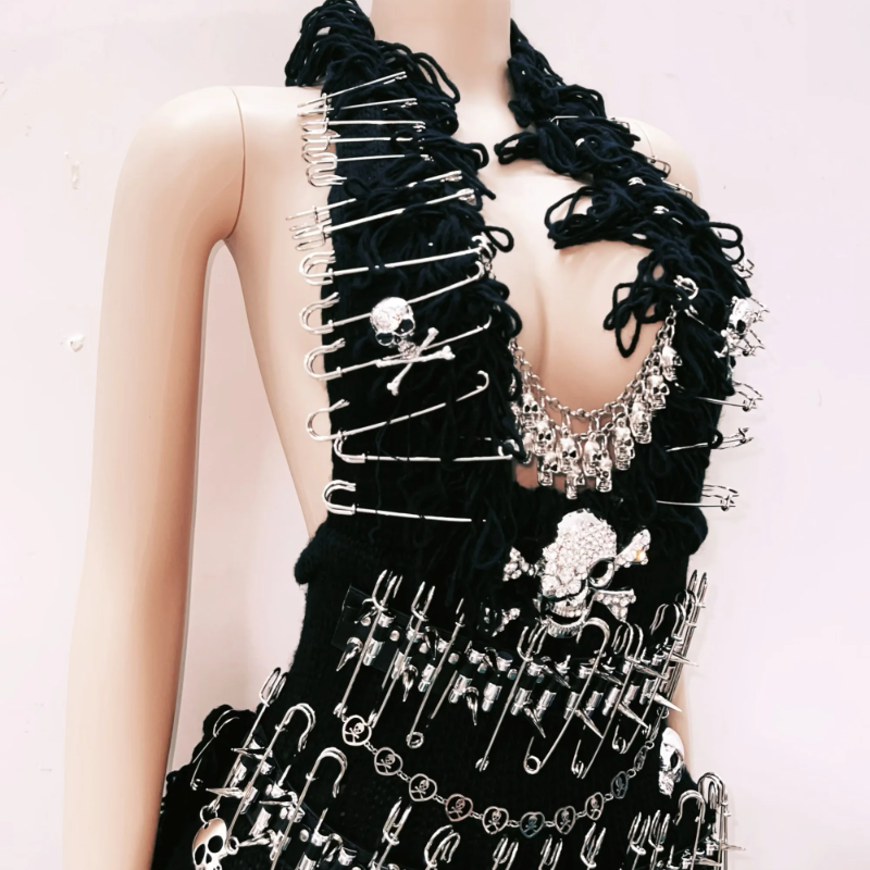 Halter fluffy skull applique backless mini dress  | Festival Outfits Women