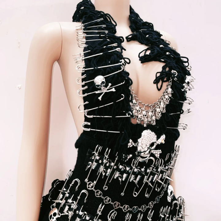 Halter fluffy skull applique backless mini dress  | Festival Outfits Women
