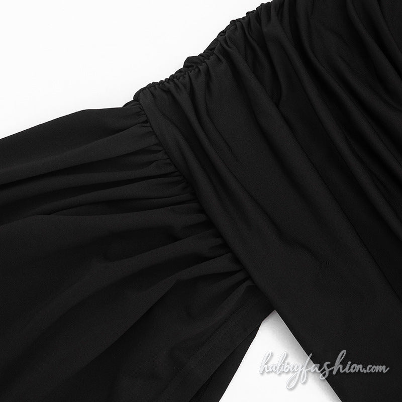 Crewneck cap sleeve lace ruched irregular mini skirt set - Halibuy - 7
