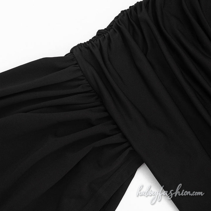 Crewneck cap sleeve lace ruched irregular mini skirt set - Halibuy - 7