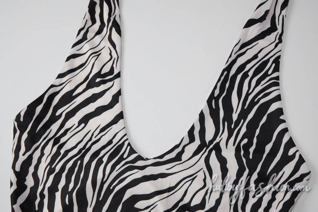 Zebra print halter self tie u neck irregular mini dress - Halibuy - 5