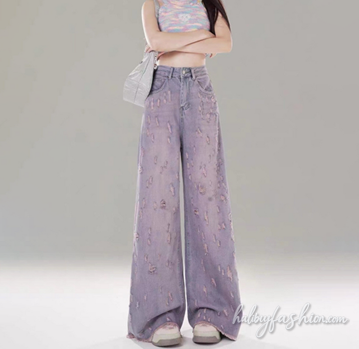 Raw hem hollow out ripped button high rise jeans - Halibuy