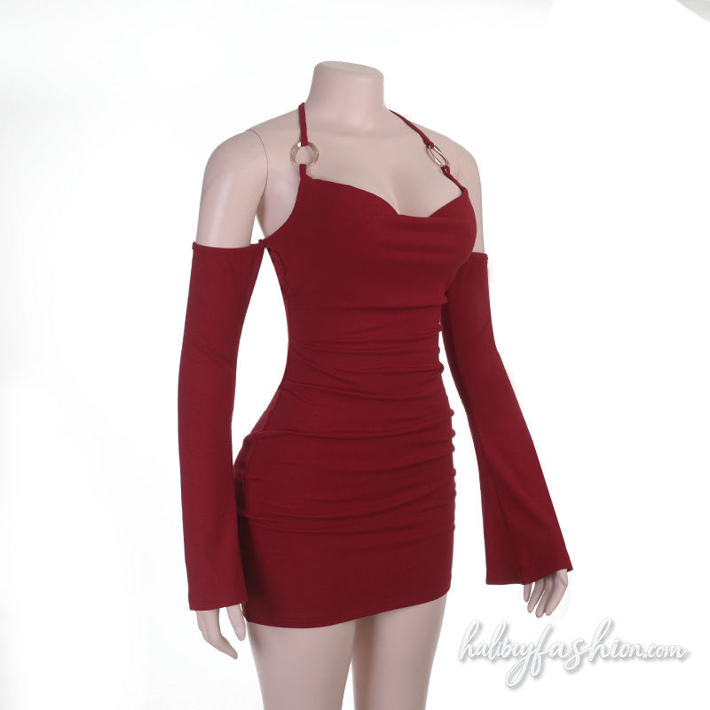 Halter self tie off shoulder long sleeve mini dress