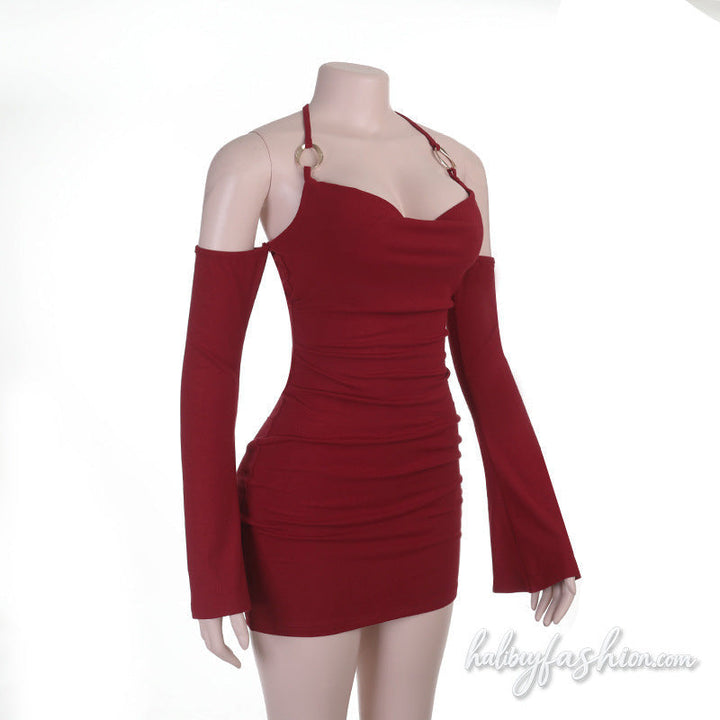 Halter self tie off shoulder long sleeve mini dress