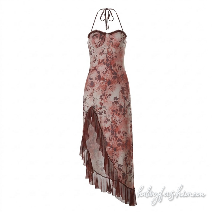 Irregular ruffle lace halter self tie maxi dress