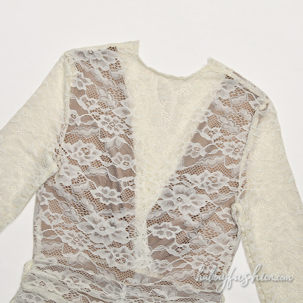 Long sleeve lace ruched v neck mini dress - Halibuy - 5