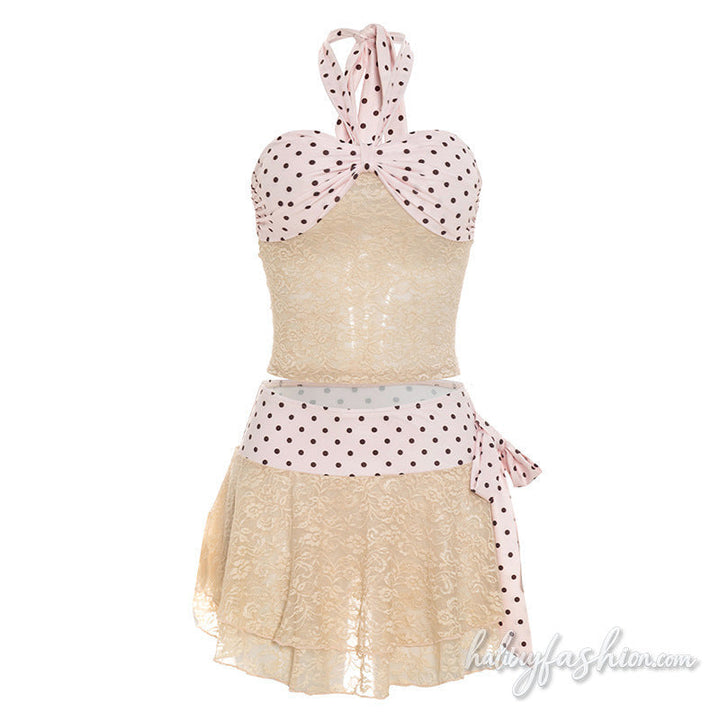 Halter self tie lace ruched polka dot mini skirt set - Halibuy