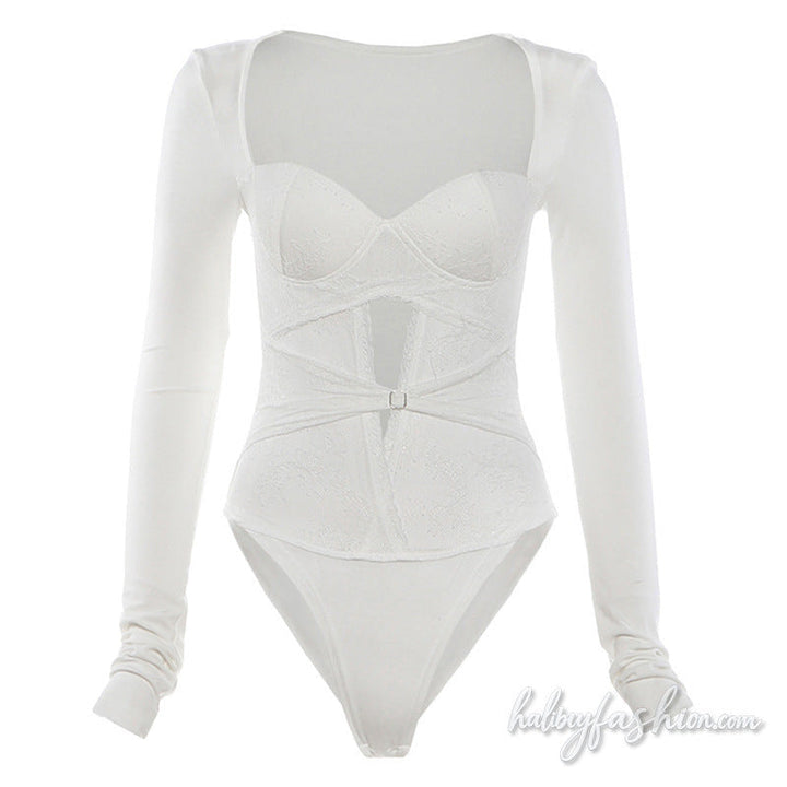 Long sleeve lace hem hollow out v neck bodysuit