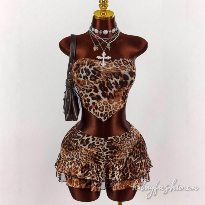 Leopard print ruffle tube mini skirt set
