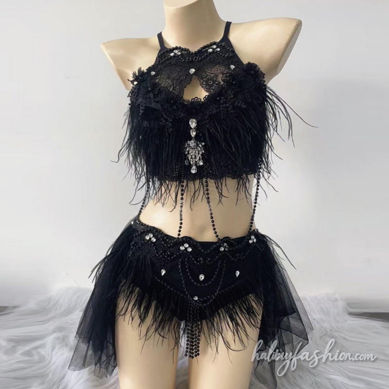 Feather hollow out beaded mini skirt set