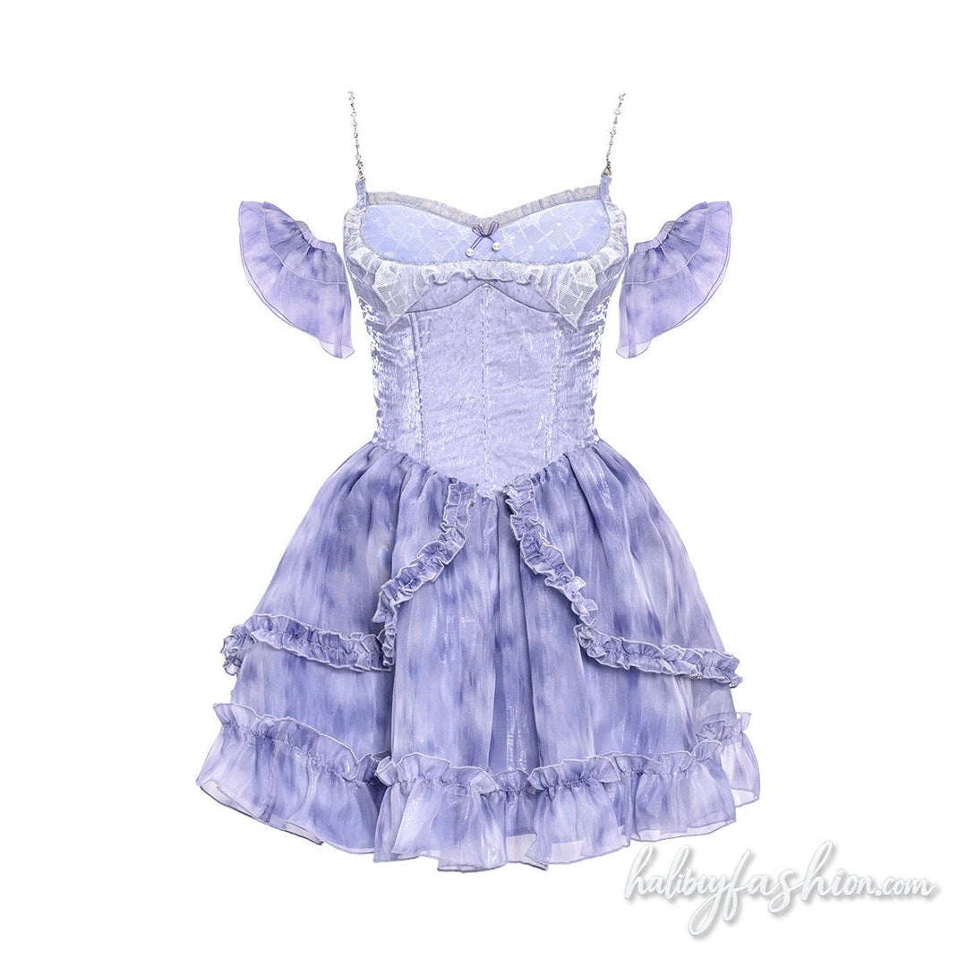 Ruffle tie dye ruched metal chain cami mini dress