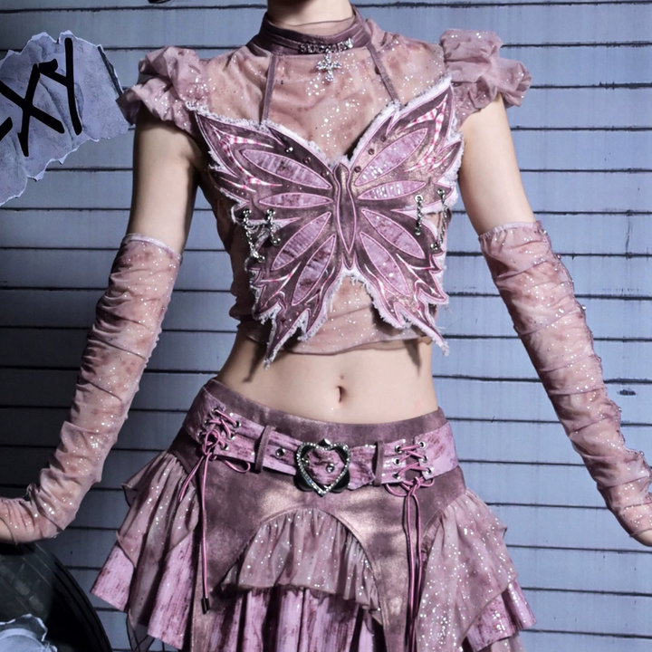 Crewneck cap sleeve ruched print top