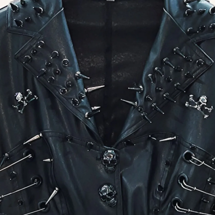 Long sleeve turnover collar PU leather skull applique top  | Festival Outfits Women