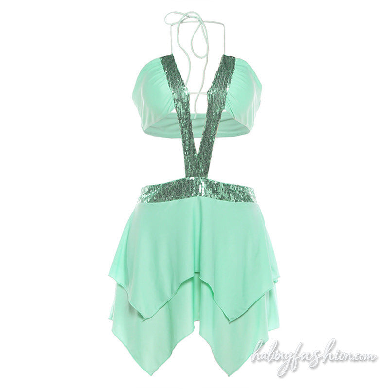 Glitter hollow out halter self tie mini dress