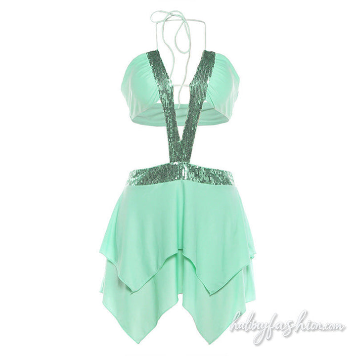 Glitter hollow out halter self tie mini dress