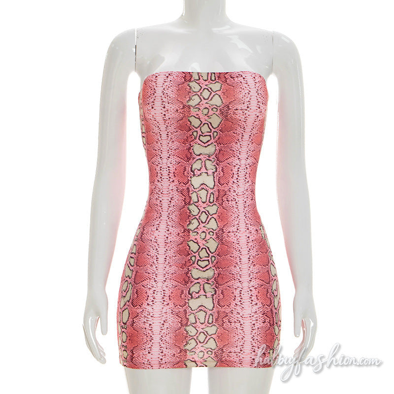 Snakeskin print contrast backless tube mini dress