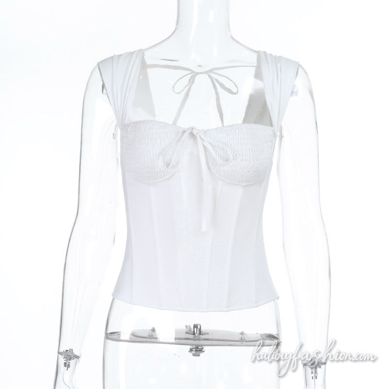 Self tie corset smocked backless solid top